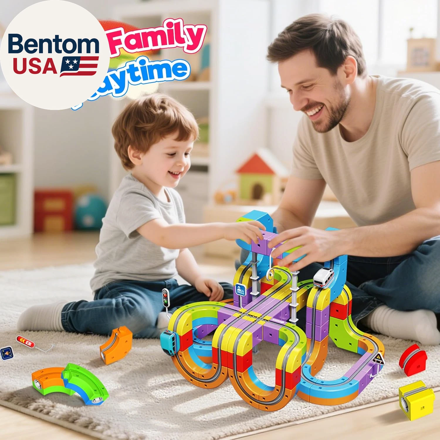 Kids Electric Train Track Set, 3D DIY Railway Building Kit with Train and Traffic Accessories